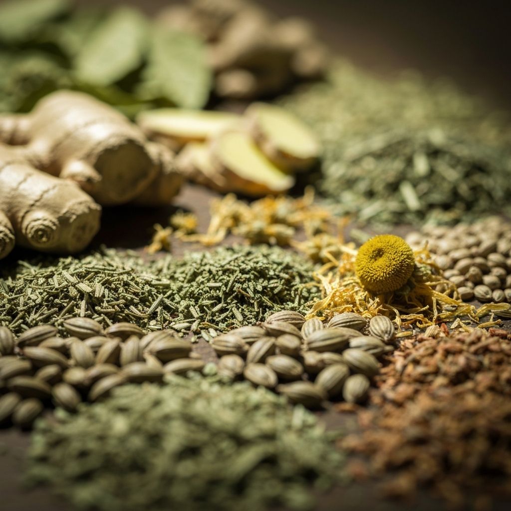 Close-up of dried herbs and botanical ingredients